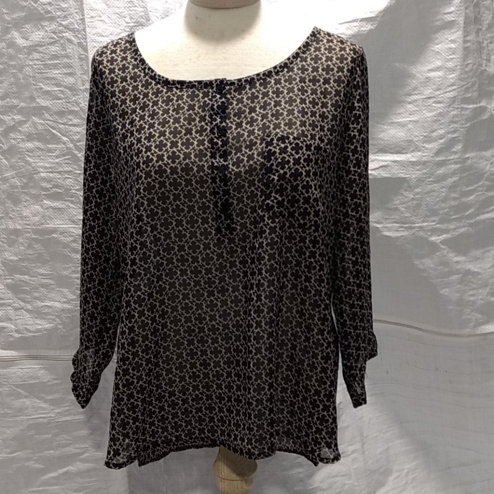 Tantrum XL Black Tan Patterned Sheer Tunic 3/4 Slv